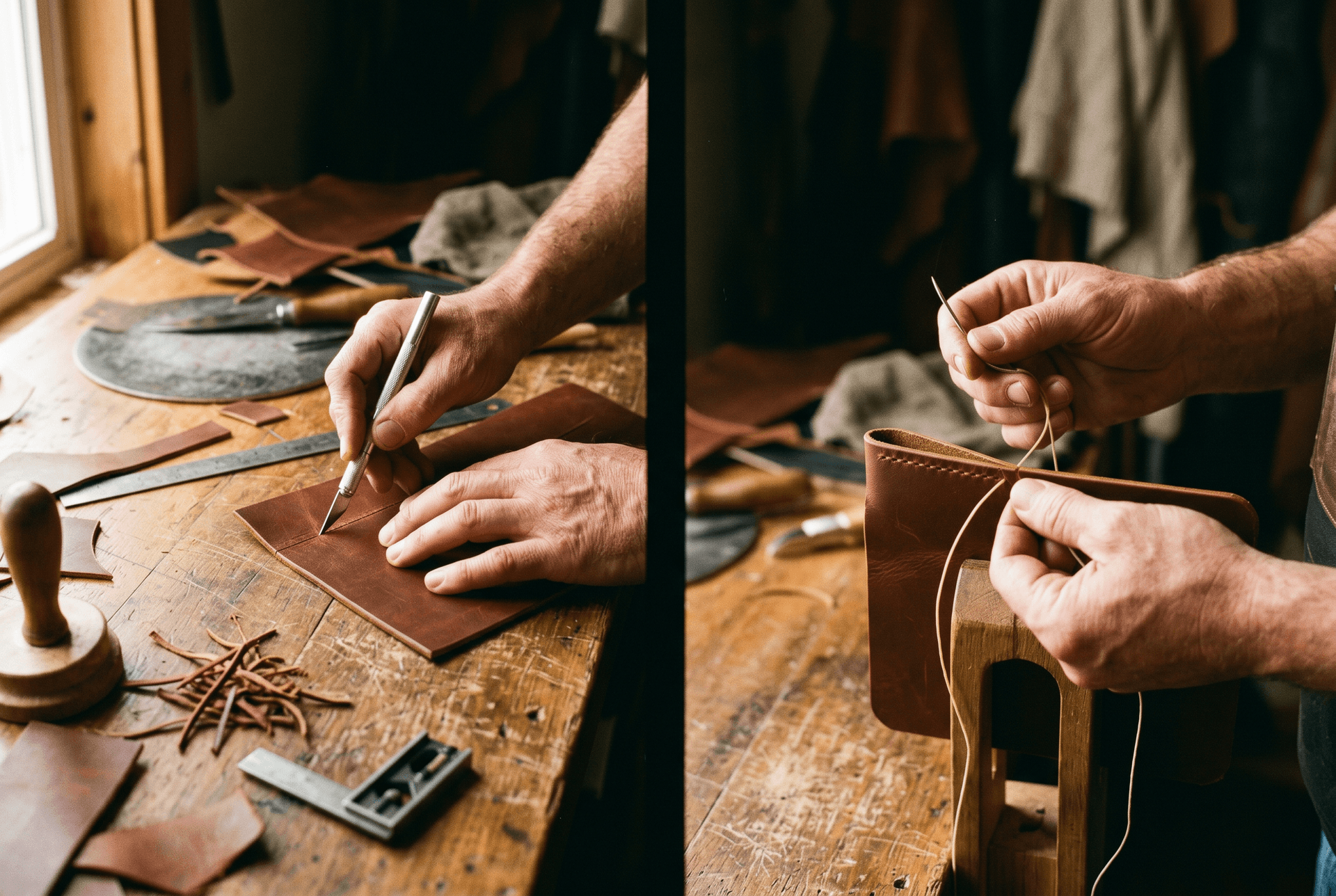 Artisan crafting leather by hand